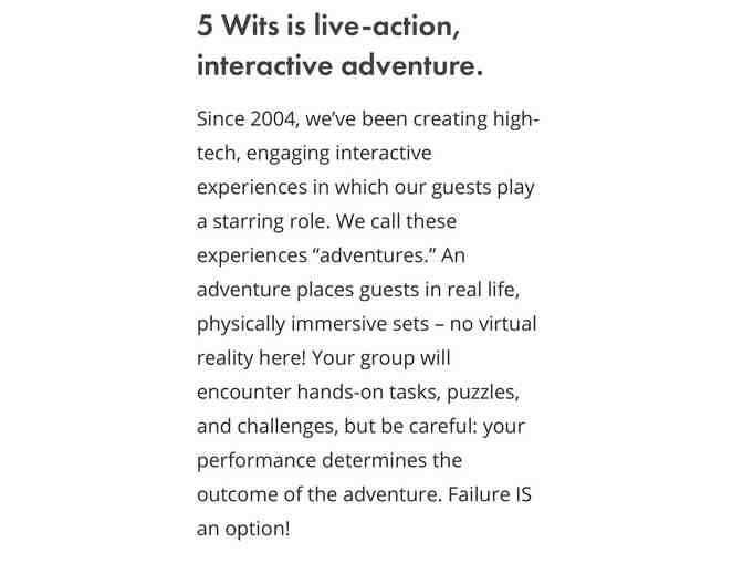Tickets (4)  to 5 Wits Experience Adventure