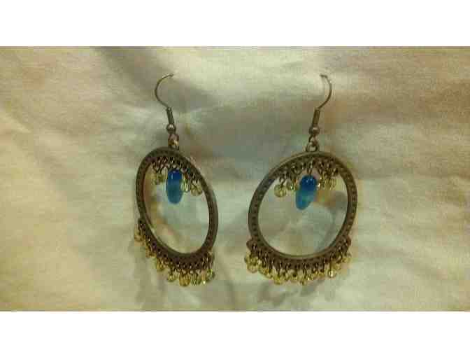 Oval-Shaped Blue and Amber Beaded Earrings
