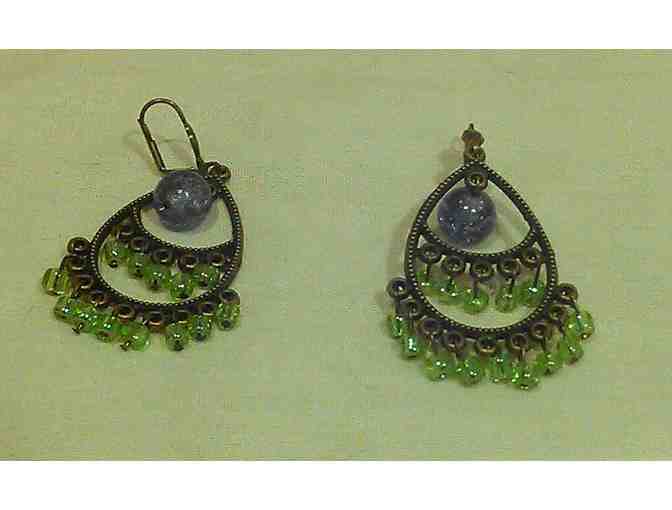 Tear-drop shaped green and purple beaded earrings