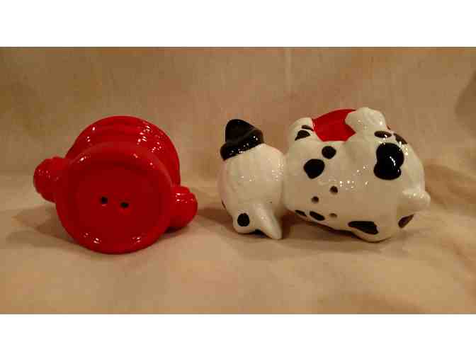 Salt & Pepper Shaker Set with Dalmatian Puppy on Fire Hydrant