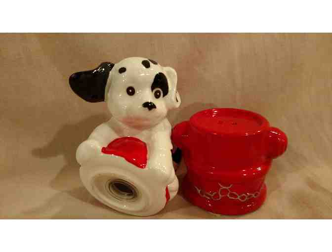Salt & Pepper Shaker Set with Dalmatian Puppy on Fire Hydrant