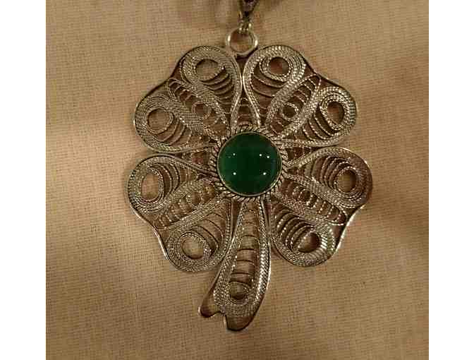 Sterling Silver Four-Leafed Clover Pendant Necklace with Green Chalcedony Stone