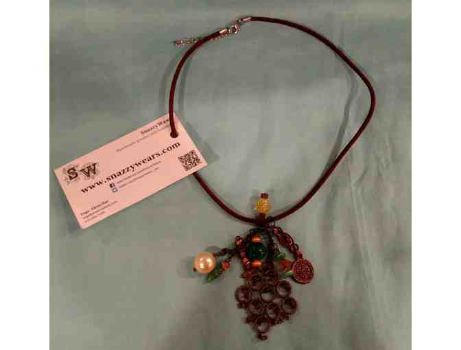 Necklace with Copper Charms and Green and Brown Beads