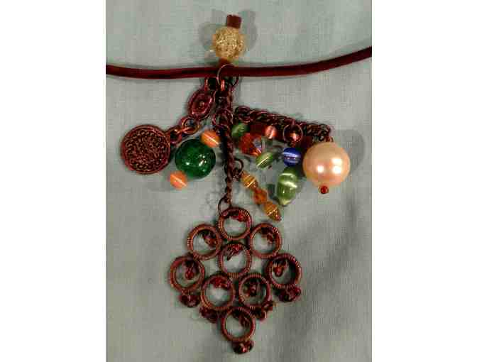 Necklace with Copper Charms and Green and Brown Beads