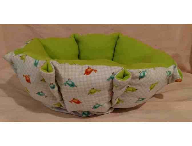 Fleece Cat Bed with Lime Green Interior and Bird Patterned Exterior