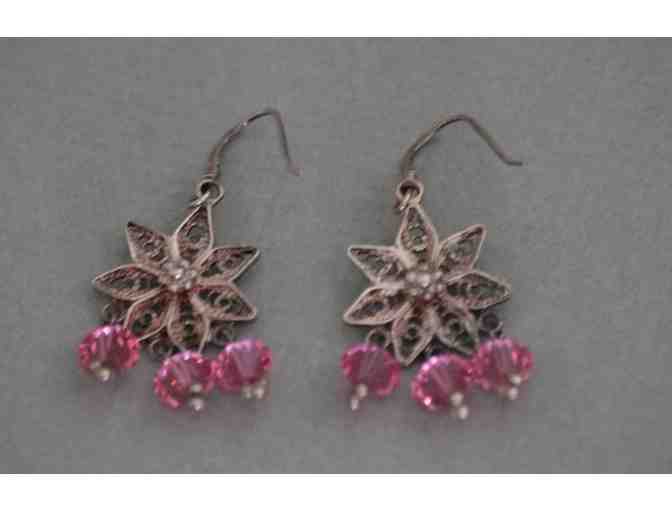 Sterling Silver Flower Earrings with Pink Crystals - Photo 1