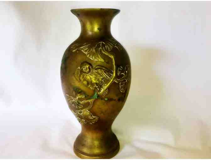 Antique Brass Vase with Raised Gingko and Bird