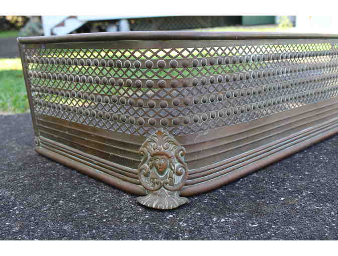 Brass Fireplace Screen, Pair of Brass Andirons, and Fireplace Tongs