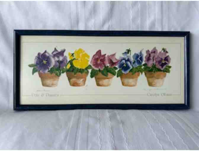 Framed "Pots & Pansies" print by Caryolyn Oltman (approx 20"x9") - Photo 1