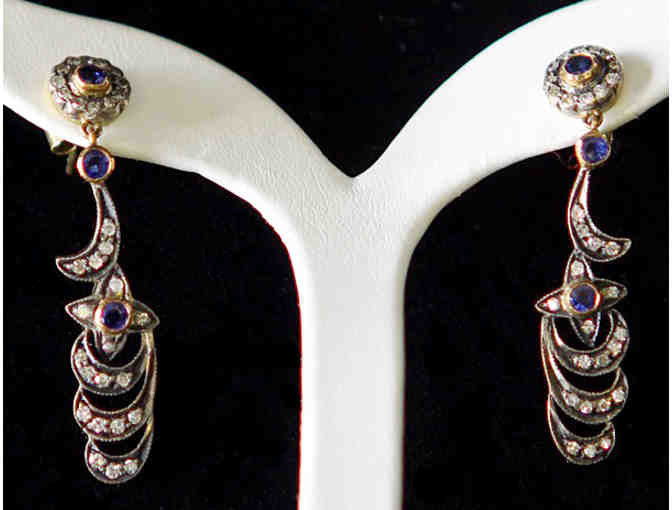 Antique Sapphire & Diamond Pendant Earrings with 62 Round Diamonds