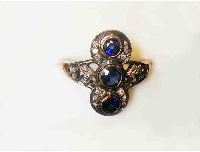 Antique Sapphire & Diamond Ring , Circa 1900 - 18K YG with 3 Sapphires and 22 Diamonds