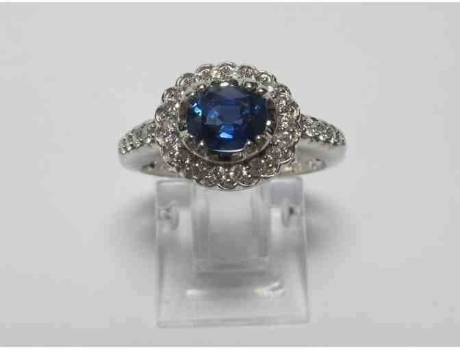 Sapphire and Diamond Ring - 18K White Gold, Oval Sapphire, Brilliant Cut Diamonds - Photo 1