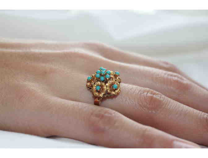Floral Design Turquoise Ring, 18K Yellow Gold