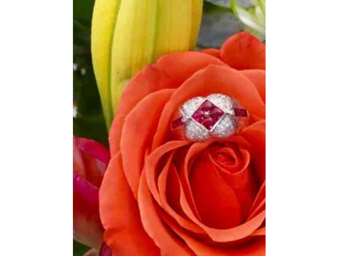 Ruby & Diamond Art Deco Ring Circa 1940, 18K White Gold Setting