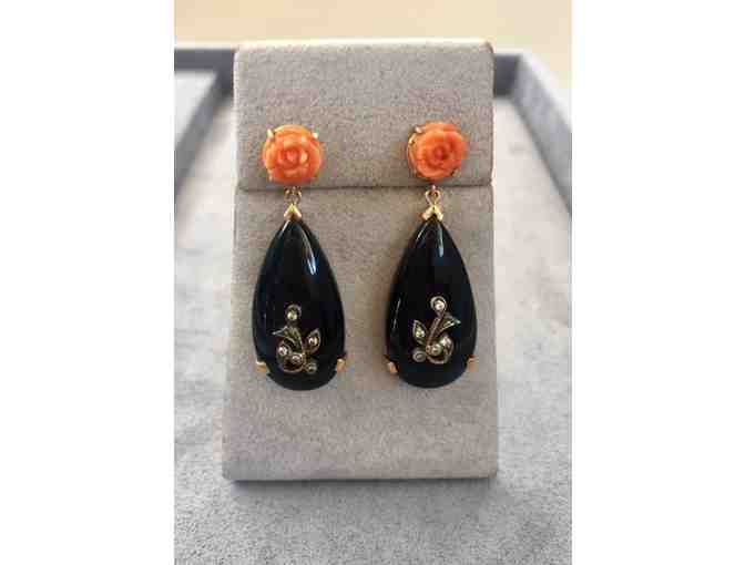 Victorian Earrings, Carved Coral & Black Onyx set in 18KY with Diamonds