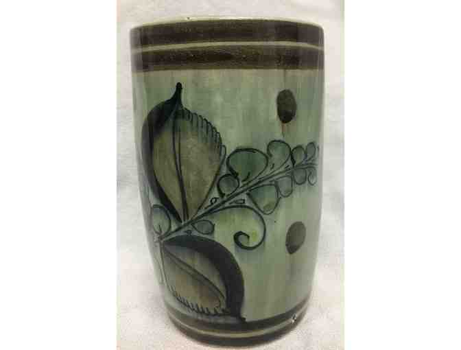 5 inch vintage signed MG,TONALA pottery glazed cylinder vase, MEXICO