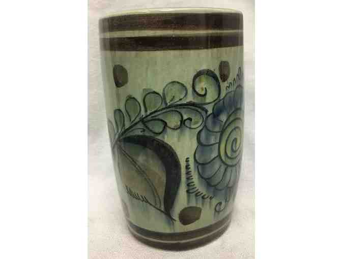 5 inch vintage signed MG,TONALA pottery glazed cylinder vase, MEXICO
