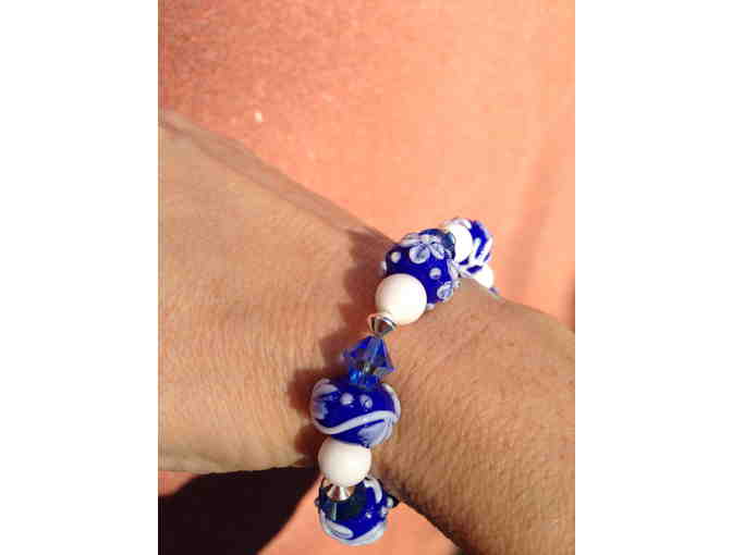 Blue, White and Sterling Silver Lampwork and Glass Bracelet