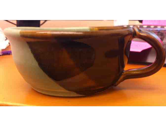 Green & Brown Soup Bowl with handle handcrafted by Colette Oliver
