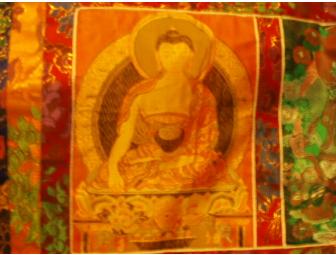 Three Panel Green Buddha/Green Tara/Padmasambhava Brocade Wall Hanging by Ancient Current