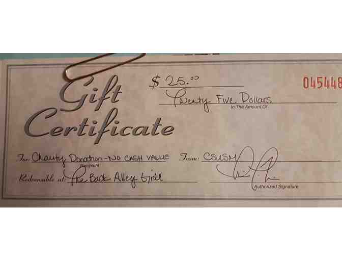 Back Alley Grill $25 Certificate & Ladies Lg. Shirt