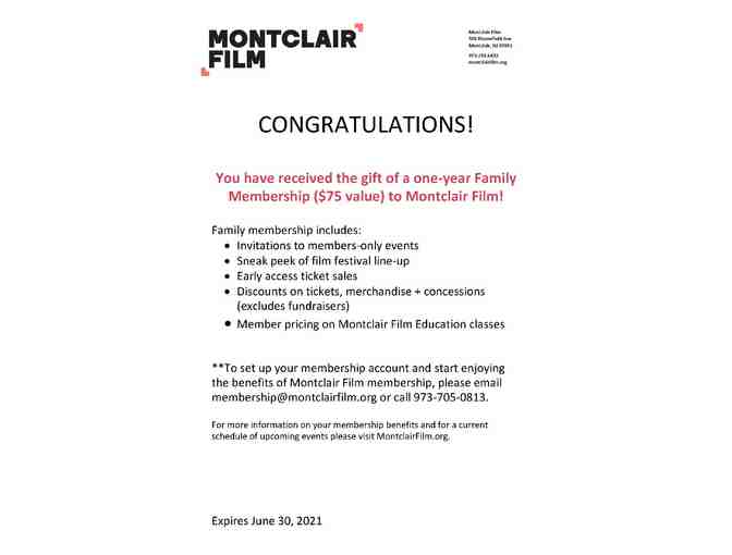 One Year Family Membership to Montclair Film
