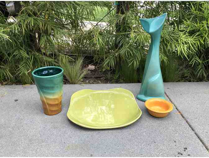 Bauer Pottery - Russel Wright Chop Platter, Vase, Brayton Laguna Cat, & Demi Cat Bowl