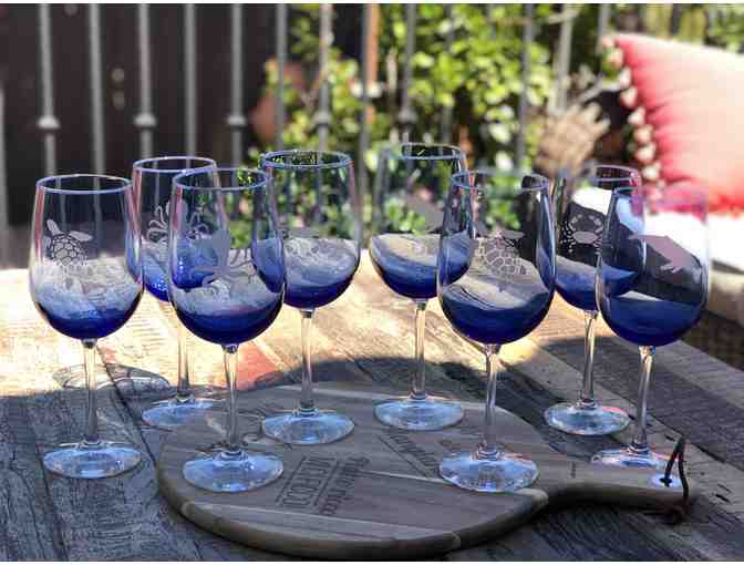Marine Themed Acid Etched Blue Wine Glasses (Set of 8)
