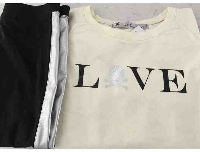 Girls Size 8 Cream LS 'LOVE' T-Shirt & Black Legging with Silver Stripe