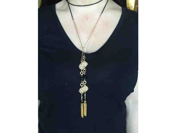 Black Sapphire and Gold Necklace with Tassels