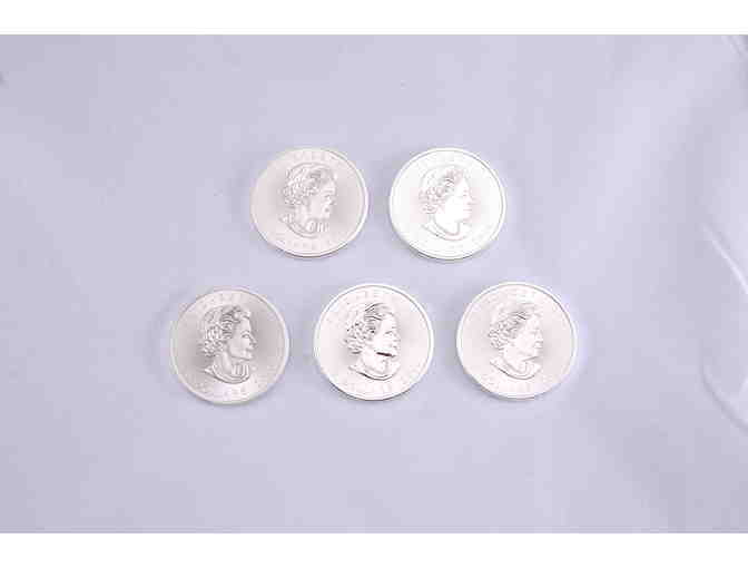 Five (5) $5 1 oz. Canadian Maple Leaf Coins 99.99% Pure Silver Content