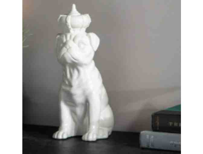 Ceramic Sitting Bulldog with Crown in a Gloss White Finish