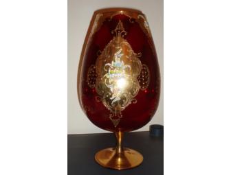 Vintage Ruby Red Art Glass Vase Glass Bowl with Gold and Flowers
