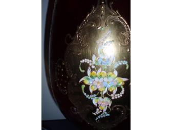 Vintage Ruby Red Art Glass Vase Glass Bowl with Gold and Flowers