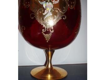 Vintage Ruby Red Art Glass Vase Glass Bowl with Gold and Flowers