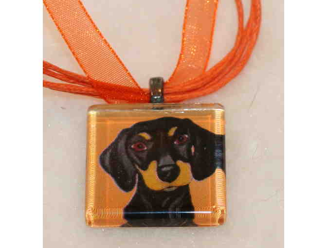 Black & Tan Dachshund Tile Pendant Necklace on Orange Ribbon