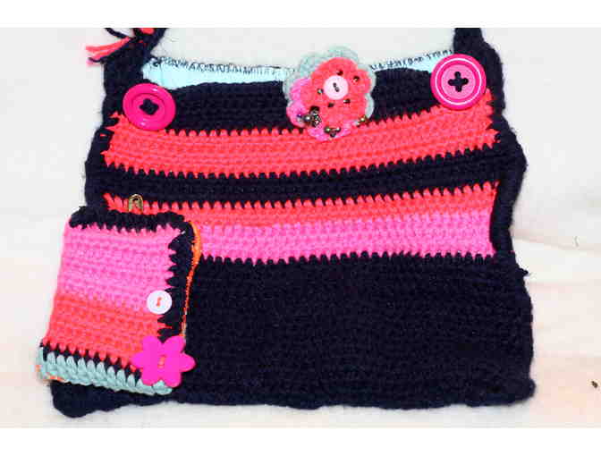 Hand Crocheted Black Purse with Orange and Pink Accents Matching Wallet
