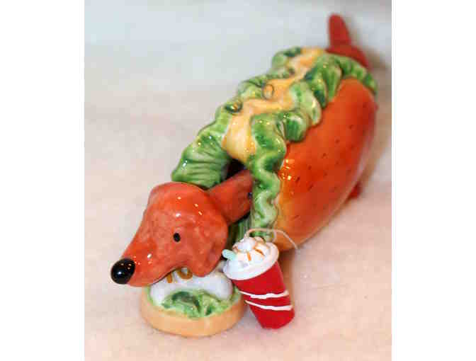Dachshund Ceramic Bobblehead Christmas Tree Ornament Hot Dog with Food Bowl