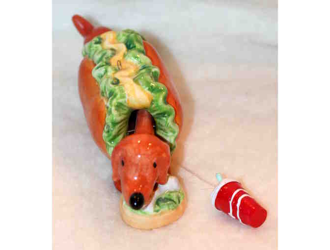 Dachshund Ceramic Bobblehead Christmas Tree Ornament Hot Dog with Food Bowl
