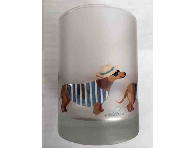 Dachsunds with sunhats and sunglasses drinking glasses
