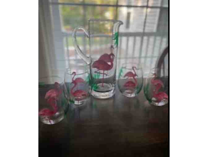 Flamingo Carafe and Stemless Drinkware with Flamingo Serving Dishes