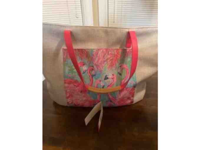 Flamingo Bag with Plates, Bowls, and Insulated Cups