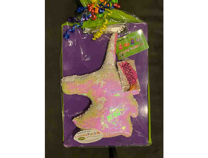 Learning Express Toys: Magic Sequin plush unicorn & purple clipboard & $5 GC