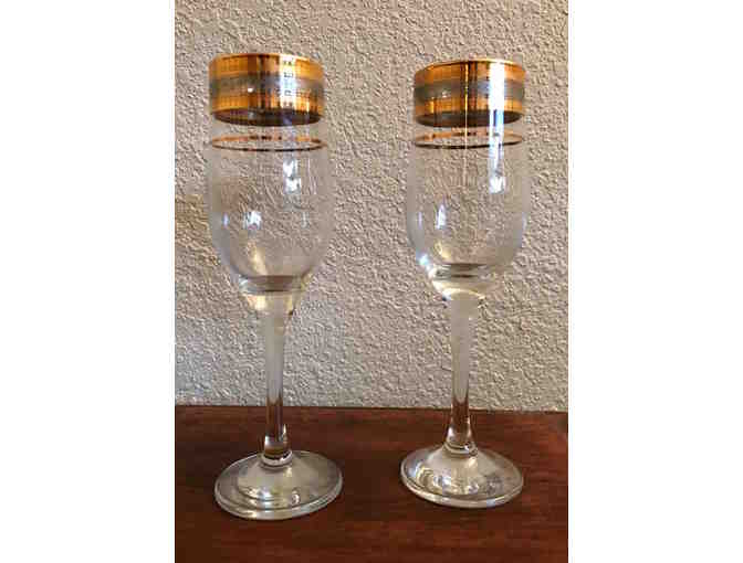 Two 'Gold' Etched Wine Glasses