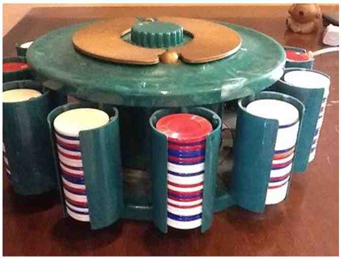 Vintage Mid-Century Turnit Green Poker Chip Caddy and Chips