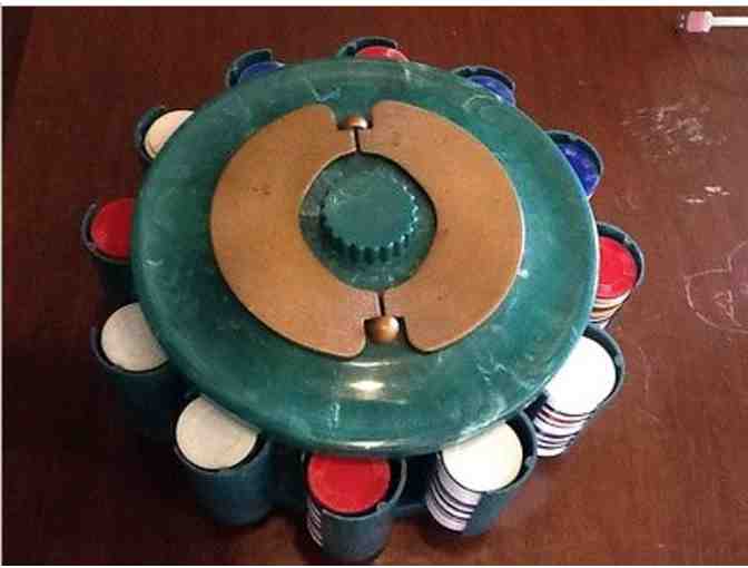 Vintage Mid-Century Turnit Green Poker Chip Caddy and Chips