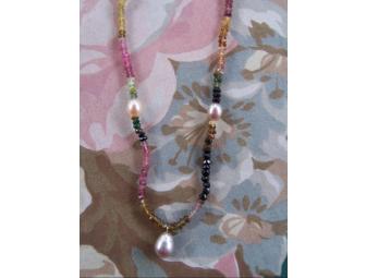 Pink and Green Tourmaline faceted beads with citrine and pink freshwater pearls 18'