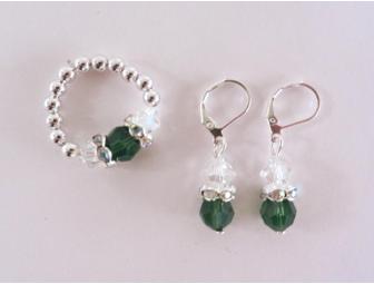 Crystal and silver handmade earrings and ring Color: Emerald