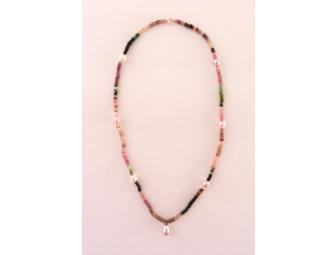 Pink and Green Tourmaline faceted beads with citrine and pink freshwater pearls 18'