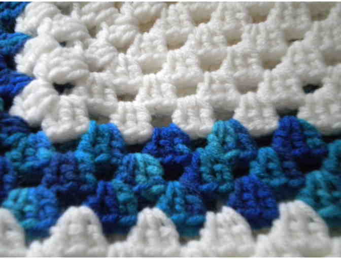 Hand Crocheted Afghan:  White w/Variagated Bright Blues
